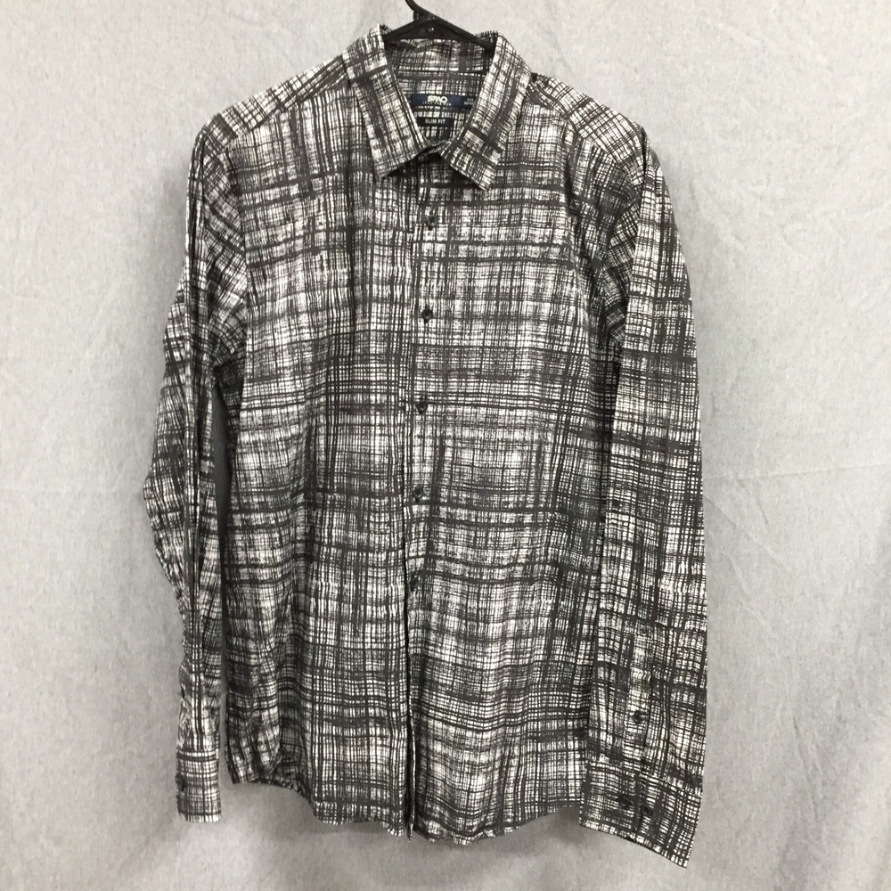 SPAO For Men Slim Fit Button Down Shirt Black White Abstract Grid Pattern 110 XL